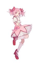  1girl 2tou9 :d ankle_ribbon bad_id bad_twitter_id bubble_skirt choker dot_nose finger_to_mouth fingers_together floating_hair frilled_skirt frilled_sleeves frilled_socks frills full_body gloves hair_ribbon happy highres jumping kaname_madoka leg_ribbon leg_up looking_at_viewer mahou_shoujo_madoka_magica mahou_shoujo_madoka_magica_(anime) open_mouth own_hands_together pink_eyes pink_hair pink_ribbon puffy_short_sleeves puffy_sleeves red_choker red_footwear red_neckwear ribbon ribbon_choker short_sleeves short_twintails simple_background skirt smile socks solo twintails white_background white_gloves white_skirt white_socks  rating:Sensitive score:1 user:danbooru