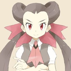1girl ascot blouse brown_hair creatures_(company) game_freak gym_leader hair_ornament long_hair looking_at_viewer nintendo pokemon pokemon_oras red_eyes roxanne_(pokemon) shirt simple_background smile solo souji twintails