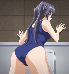  1girl against_wall ass bathroom blush breasts come_hither eroge!_h_mo_game_mo_kaihatsu_zanmai glasses grey_hair highres kosaka_iori large_breasts long_hair one-piece_swimsuit open_mouth presenting red_eyes sideboob smile stitched swimsuit thick_thighs thighs third-party_edit twintails 