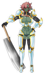 1girl abs armor bikini_armor black_sclera braid breasts cleavage colored_sclera colored_skin fangs female_focus female_orc full_body green_skin huge_breasts kamen_no_hito knight monster_girl muscular muscular_female orange_hair orc pointy_ears red_hair revealing_clothes solo weapon rating:Sensitive score:82 user:Cosby_