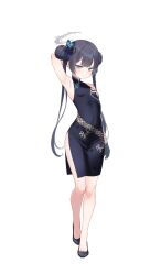  1girl arm_at_side arm_behind_head armpits bare_shoulders black_dress black_hair blue_archive breasts butterfly_hair_ornament china_dress chinese_clothes double_bun dragon_print dress full_body grey_halo hair_bun hair_ornament halo high_heels highres kisaki_(blue_archive) long_hair looking_at_viewer mis705313 pelvic_curtain presenting_armpit simple_background sleeveless sleeveless_dress small_breasts solo standing variant_set white_background 