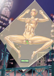 1girl anal anal_object_insertion bdsm breasts censored dildo double_penetration english_text giant giantess large_breasts mosaic_censoring multiple_penetration new_york_city night nude object_insertion outdoors pointless_censoring public_indecency public_nudity red_eyes restrained sex_toy shinkuu solo spread_legs vacbed vaginal vaginal_object_insertion