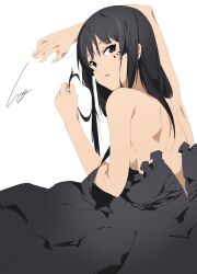  1girl akiyama_mio arm_up artist_name black_dress black_eyes black_hair breasts clothes_pull don&#039;t_say_&quot;lazy&quot; dress dress_pull frilled_dress frills from_behind hand_up highres holding holding_own_hair k-on! long_hair looking_at_viewer looking_back medium_breasts no_bra official_alternate_costume parted_lips simple_background sitnon solo watermark white_background 
