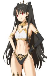 1girl armlet asymmetrical_legwear asymmetrical_sleeves bare_shoulders bikini black_bikini black_bow black_hair bow breasts bridal_gauntlets closed_mouth collarbone detached_collar detached_sleeves earrings elbow_gloves elfenlied22 fate/grand_order fate_(series) gloves gold_trim hair_bow highres hoop_earrings ishtar_(fate) jewelry licking_lips long_hair looking_at_viewer mismatched_bikini navel neck_ring parted_bangs red_eyes simple_background single_detached_sleeve single_elbow_glove single_thighhigh small_breasts smile solo swimsuit thighhighs tiara tongue tongue_out uneven_legwear uneven_sleeves white_background white_bikini rating:Sensitive score:16 user:danbooru