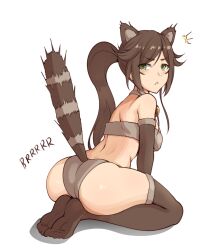  1girl :&lt; ajidot animal_ears ass back bare_shoulders bell breasts brown_gloves brown_hair brown_thighhighs character_request closed_mouth elbow_gloves feet_together flipped_hair from_side full_body gloves green_eyes grey_panties half-closed_eyes high_ponytail jingle_bell last_origin leaning_forward light_blush long_hair looking_back medium_breasts neck_bell no_shoes notice_lines panties parted_bangs ponytail raccoon_ears raccoon_tail seiza sidelocks sideways_glance simple_background sitting solo strapless tail tail_raised thighhighs tube_top underwear v-shaped_eyebrows white_background 