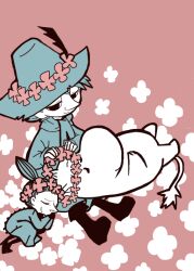  1boy 1girl boots coat flower hat hat_feather head_wreath limited_palette little_my long_sleeves lying moomin moomintroll nonana_(mikudrop) on_back on_side pointy_nose ponytail scarf short_hair sleeping smile snufkin 