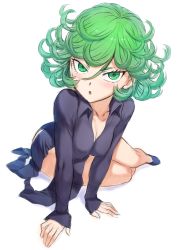 1girl alternate_breast_size bare_legs black_dress black_footwear breasts cleavage commentary_request curly_hair downblouse dress eyelashes flipped_hair full_body green_eyes green_hair hair_between_eyes highres looking_at_viewer lying medium_breasts mogudan on_side one-punch_man sleeves_past_wrists solo tatsumaki white_background rating:Sensitive score:78 user:danbooru