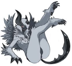  1girl absol animal_hands anus arm_support ass blush breasts claws creatures_(company) fangs feet female_focus full_body furry furry_female game_freak gen_3_pokemon grey_hair hair_over_one_eye half-closed_eyes highres horns large_breasts legs_up looking_at_viewer lying mega_absol mega_pokemon nintendo nipples nude on_back open_mouth personification pokemon pokemon_(creature) pokemon_rse presenting pussy red_eyes ribs simple_background smile solo tail teeth uncensored wan-x3 white_background wings 