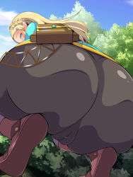 1girl aimo aimo_(aimo1214) ass blonde_hair blue_eyes blush cameltoe cleft_of_venus from_behind from_below highres huge_ass long_hair nintendo pants pointy_ears princess_zelda shiny_clothes solo squatting the_legend_of_zelda the_legend_of_zelda:_breath_of_the_wild rating:Questionable score:92 user:armorcrystal