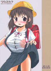  1girl bag blush breasts brown_hair clothes_lift covered_erect_nipples female_focus hat highres huge_breasts lactation looking_at_viewer nipples no_bra red_eyes school_bag school_uniform see-through shin&#039;ichi short_hair skirt skirt_lift solo straining_buttons 