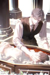  black_necktie black_sweater brown_hair closed_mouth coffin collared_shirt funeral grey_hair hand_on_another&#039;s_cheek hand_on_another&#039;s_face highres ilay_riegrow implied_death jeong_taeui long_sleeves lying necktie passion_(manhwa) pillar shirt sweater twitter_username white_shirt whiteislife_4 