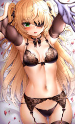 1girl absurdres armpits arms_up bare_shoulders bed_sheet black_bra black_choker black_panties blonde_hair blush bow bow_bra bra breasts choker cleavage collarbone eyepatch fischl_(genshin_impact) floral_print foreshortening front-tie_bra front-tie_top garter_belt genshin_impact gloves gluteal_fold green_eyes hair_ornament hair_over_one_eye hair_ribbon highres huge_filesize lingerie long_hair looking_at_viewer lying medium_breasts navel on_back open_mouth outstretched_arms panties petals reaching ribbon single_glove skindentation solo stomach string_bra string_panties sunhyun teeth thighhighs thighs two_side_up underwear underwear_only upper_teeth_only rating:Sensitive score:109 user:danbooru