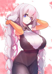 1girl arms_up bare_shoulders black_dress blue_eyes braid breasts brown_collar collar cowboy_shot detached_sleeves dress hair_between_eyes hands_in_own_hair highres huge_breasts kizuna_akari long_hair looking_at_viewer looking_to_the_side orange_sleeves parted_lips pon_(shind_997) solo standing striped twin_braids vertical_stripes very_long_hair voiceroid white_hair