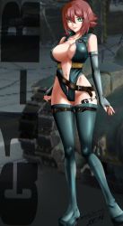  10s 1girl 2016 areola_slip artist_name belt blush bodysuit boots breasts cleavage covered_erect_nipples elbow_gloves fingerless_gloves gloves green_eyes highleg highleg_leotard highres large_breasts latex leotard looking_at_viewer military military_vehicle motor_vehicle no_bra open_mouth red_hair short_hair smile solo standing tank tattoo tenlann thigh_boots thighhighs unzipped  rating:Questionable score:9 user:Diaoul