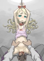  1boy 1girl age_difference bdsm blonde_hair blood bondage bottomless bound bound_arms bound_wrists censored crying defloration eyebrows flat_chest green_eyes hetero indee loli long_hair looking_at_viewer mosaic_censoring pov rape saliva sex slave source_request thick_eyebrows vaginal  rating:Explicit score:199 user:superdupermej