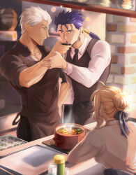 1girl 2boys apron archer_(fate) artoria_pendragon_(all) artoria_pendragon_(fate) black_necktie black_shirt black_vest blonde_hair blue_ribbon brown_apron collarbone collared_shirt commentary cu_chulainn_(fate) drinking earrings emiya-san_chi_no_kyou_no_gohan english_commentary fate/stay_night fate_(series) food gravesecrets hair_bun hand_on_another&#039;s_arm hand_on_own_face hand_on_own_hip indoors jewelry kitchen leaning_on_table long_hair long_sleeves multiple_boys necktie open_mouth ponytail red_eyes ribbon saber_(fate) shirt short_hair sleeves_rolled_up soup steam tan toned toned_male vest white_hair white_shirt yaoi