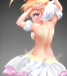 1girl ahoge artoise back ballerina blue_eyes blush breasts closed_mouth commentary crown dress english_commentary jewelry looking_at_viewer princess_tutu princess_tutu_(character) short_hair simple_background smile solo tutu rating:Sensitive score:42 user:danbooru