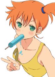  1girl breasts creatures_(company) cropped_torso food food_in_mouth game_freak green_eyes looking_at_viewer misty_(pokemon) nintendo nipple_slip nipples no_bra one_breast_out orange_hair pokemon popsicle shirt shougakusei simple_background sleeveless sleeveless_shirt small_breasts solo upper_body w white_background yellow_shirt 