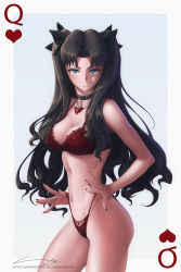  1girl black_hair blue_eyes blush bra breasts card_(medium) card_parody choker cleavage commentary english_commentary fate/grand_order fate/stay_night fate/zero fate_(series) frontal_wedgie highres jewelry lingerie long_hair looking_at_viewer medium_breasts nail panties pulling_own_clothes queen_(playing_card) queen_of_hearts_(playing_card) red_bra red_panties signature slivokuch solo tohsaka_rin twintails underwear wedgie  rating:Sensitive score:37 user:danbooru