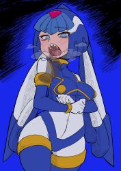  1girl 1other absurdres android armor blue_armor blue_background blue_eyes blue_helmet blue_sleeves blue_vest blush bodysuit boots breasts breath buzzlyears covered_navel cowboy_shot crop_top crotch_plate detached_sleeves disembodied_hand fairy_leviathan_(mega_man) finger_in_another&#039;s_mouth forehead_jewel helmet highres looking_at_viewer medium_breasts mega_man_(series) mega_man_zero_(series) open_mouth saliva sharp_teeth simple_background teeth thigh_boots tongue vest white_bodysuit 
