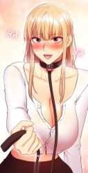  1girl black_skirt blonde_hair blush breasts collar hand_up long_hair looking_at_viewer multicolored_background nayeon_(stepmother_friends) official_art open_mouth pink_eyes shirt skirt smile solo stepmother_friends very_long_hair white_shirt  rating:Sensitive score:1 user:Gox