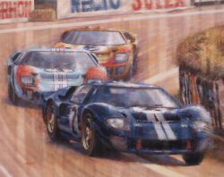  absurdres car circuit_de_la_sarthe commentary english_commentary ford ford_gt40 highres juan_carlos_ferrigno motor_vehicle no_humans oil_painting_(medium) painting_(medium) race_vehicle racecar shadow signature traditional_media vehicle_focus world_sportscar_championship 