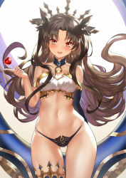 1girl arm_behind_back armlet asymmetrical_legwear asymmetrical_sleeves bare_shoulders black_hair black_panties blush breasts cleavage cowboy_shot detached_collar earrings elbow_gloves fang fate/grand_order fate_(series) glint gloves gluteal_fold hair_ribbon heart hoop_earrings ishtar_(fate) jewelry long_hair looking_at_viewer medium_breasts midriff navel open_mouth panties parted_bangs pendant red_eyes ribbon single_elbow_glove single_thighhigh smile solo stomach thighhighs thighs tohsaka_rin two_side_up underwear uneven_legwear uneven_sleeves yunsang rating:Sensitive score:58 user:danbooru