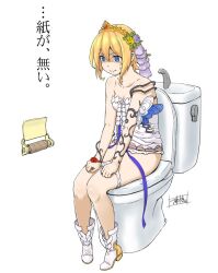  1girl bare_shoulders blonde_hair blue_eyes boots breasts clothes_lift commentary_request dress dress_lift europa_(granblue_fantasy) flower full_body gloom_(expression) granblue_fantasy hair_flower hair_ornament minazuki_tsuyuha no_toilet_paper panties panty_pull short_dress short_hair sitting small_breasts solo strapless strapless_dress sweat tiara toilet toilet_paper_tube toilet_use translated underwear white_dress white_panties 