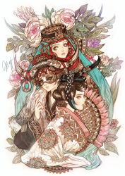  3girls black_hair black_hat black_robe braid brown_hair chin_strap commentary cropped_torso earrings embroidery english_commentary eye_mask fake_horns floral_background folding_fan french_braid grey_hair hair_bun hair_ornament hair_scarf hand_fan hand_up hat hat_over_hood hood hood_up horns jewelry korean_clothes long_sleeves looking_to_the_side maggi multiple_girls o-ring original parted_lips profile red_hood robe sash sideways_glance signature sketch updo veil wavy_hair white_background white_robe wide_sleeves 