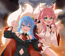  2girls absurdres ahoge animal_ears blue_eyes blue_hair breasts clothing_cutout commentary detached_sleeves fang felutiahime fox_ears fox_tail green_eyes hair_between_eyes hair_ornament hair_ribbon highres hololive hoshimachi_suisei jewelry long_hair looking_at_viewer micomet_(hololive) multiple_girls navel navel_cutout open_mouth pink_hair ribbon sakura_miko smile tail virtual_youtuber 