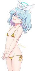  1girl animal_ears arona_(blue_archive) bare_shoulders bikini blue_archive blue_eyes blue_hair blue_halo blush breasts collarbone colored_inner_hair cowboy_shot fake_animal_ears gold_bikini groin hair_ornament hair_over_one_eye halo highres loli medium_hair micro_bikini multicolored_hair navel open_mouth simple_background small_breasts solo standing stomach string_bikini swimsuit tamayan thighs white_background 