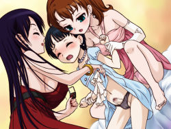  1boy 2girls age_difference androgynous aqua_eyes barefoot black_hair black_panties blush breasts brown_hair censored closed_eyes clothes_lift crossdressing dress dress_lift dutch_angle feet forced gown hetero indoors kate_sai large_breasts long_hair makeup mosaic_censoring multiple_girls nail_polish no_bra open_mouth panties pantyshot penis pink_panties purple_hair restrained short_hair shota small_penis smile source_request underwear  rating:Explicit score:124 user:huzzaman
