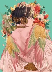  absurdres alternate_costume backless_outfit black_hair brown_eyes closed_mouth constantine_xi_(fate) facing_away fate/grand_order fate_(series) feathered_wings flower head_wreath highres jewelry looking_at_viewer peacock_feathers shooou_0104 short_hair smile tunic wings wreath 