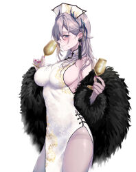  1girl black_tassel blue_eyes breasts chalice cup dress earrings feather_boa grey_hair head_wings highres holding holding_cup indie_virtual_youtuber jewelry large_breasts long_hair mole mole_on_cheek pantyhose pelvic_curtain pink_nails pochi_(pochi-goya) pochimaru_(vtuber) rectangular_pupils sleeveless sleeveless_dress solo tassel tassel_earrings teardrop_facial_mark thighband_pantyhose virtual_youtuber white_dress white_headwear wings 