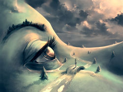  1girl arms_behind_back bridge brown_eyes cloud cloudy_sky cyril_rolando eyelashes face female_focus fir_tree hill landscape muted_color nature original outdoors plant river road scenery skirt sky solo standing stream surreal tears tree  rating:General score:11 user:danbooru