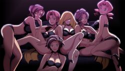 6+girls :d arm_around_shoulder ass bent_over black_bra black_choker black_panties blonde_hair blue_eyes bra breasts brown_eyes brown_hair butt_crack caroline_(pokemon) choker cleavage closed_mouth collarbone commentary couch creatures_(company) delia_ketchum earrings elbow_rest english_commentary female_focus game_freak grace_(pokemon) grin hairband high_heels highres jewelry large_breasts leaning_forward lingerie long_hair looking_at_viewer low_ponytail lusamine_(pokemon) mature_female medium_breasts mother&#039;s_day multiple_girls nintendo open_mouth paldea_mother panties parted_bangs parted_lips pink_hair pokemon pokemon_(anime) pokemon_(classic_anime) pokemon_bw pokemon_rse_(anime) pokemon_sm pokemon_sv pokemon_xy purple_hair short_hair sitting smile standing stud_earrings thighs trait_connection twintails underwear underwear_only unova_mother_(bw) very_long_hair vivivoovoo  rating:Sensitive score:164 user:danbooru
