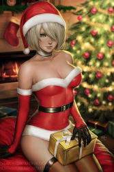 1girl alternate_costume bare_shoulders belt black_thighhighs breasts christmas christmas_stocking christmas_tree cleavage elbow_gloves fireplace fur_trim gift gloves grey_eyes hair_over_one_eye hat highres large_breasts looking_at_viewer mole mole_under_mouth nier_(series) nier:automata realistic santa_costume santa_hat sciamano240 short_hair silver_hair sitting smile solo strapless thighhighs tube_top 2b_(nier:automata) rating:Sensitive score:85 user:danbooru