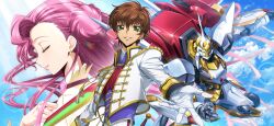 1boy 1girl artist_request blue_sky brown_hair closed_eyes cloud code_geass code_geass:_lost_stories cropped_jacket day earrings epaulettes euphemia_li_britannia flower from_side game_cg glint gloves gold_trim green_eyes hair_between_eyes hand_on_own_chest hand_up highres jacket jewelry kururugi_suzaku lancelot_(code_geass) lancelot_air_cavalry lens_flare light_particles long_hair long_sleeves looking_at_viewer mecha military_uniform non-web_source official_art outdoors outstretched_arm parted_lips pink_flower pink_hair profile purple_shirt reaching reaching_towards_viewer red_vest robot shirt short_hair sidelocks sky smile standing tassel teeth u_u uniform upper_body vest white_gloves white_jacket