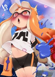  !? 1girl 2others bike_shorts black_shorts blurry blurry_background blush cameltoe clothes_lift commentary_request cowboy_shot dagashi_(daga2626) ear_blush female_ejaculation_through_clothes female_orgasm furrowed_brow heart heart-shaped_pupils highres holding holding_weapon ink_tank_(splatoon) inkbrush_(splatoon) inkling inkling_girl inkling_player_character loli long_hair midriff motion_lines multiple_others navel nintendo open_mouth orange_eyes orange_hair orgasm paint_splatter pink_pupils pointy_ears print_shirt pussy_juice saliva shirt shirt_lift short_sleeves shorts spanking splatoon_(series) splattershot_jr_(splatoon) symbol-shaped_pupils tentacle_hair tongue trembling twintails very_long_hair weapon white_shirt 