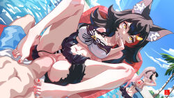  1boy 2girls anal animal_ear_fluff animal_ears arm_under_breasts arm_up artist_logo artist_name bikini bikini_bottom_aside black_hair black_shorts blue_sky breasts cleavage clothing_aside collarbone commentary commission day dr-alu dutch_angle english_commentary eyelashes feet finger_in_own_mouth from_behind gradient_hair grey_hair hair_between_eyes hair_ornament hand_up hetero hololive hololive_summer_2023_swimsuit horns knees_up large_breasts large_penis legs looking_at_viewer multicolored_hair multiple_girls nail_polish nakiri_ayame navel oni oni_horns ookami_mio orange_nails out_of_frame outdoors palm_tree penis pink_hair public_indecency pussy red_hair shorts sidelocks sky spread_toes streaked_hair swimsuit teeth thighs toenail_polish toenails toes torn_clothes torn_shorts tree virtual_youtuber watermark web_address wolf_ears wolf_girl yellow_eyes  rating:Explicit score:51 user:danbooru
