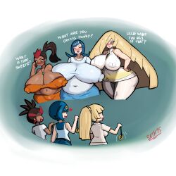  6+girls absurdres areola_slip artist_name bare_shoulders black_hair blonde_hair blue_background blue_hair blush breasts cleavage covered_erect_nipples creatures_(company) english_text eyelashes game_freak hair_over_one_eye heart highres huge_breasts hypnosis lana&#039;s_mother_(pokemon) lana_(pokemon) lillie_(pokemon) long_hair lusamine_(pokemon) mature_female medium_breasts mimo_(pokemon) mind_control mother_and_daughter multicolored_hair multiple_girls navel nintendo no_bra open_mouth paid_reward_available plump pokemon pokemon_(anime) pokemon_sm_(anime) ponytail red_hair sath15 short_hair sima_(pokemon) smile standing thick_thighs thighs two-tone_hair updo wide_hips 