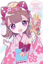  1girl :d bell blunt_bangs bow commentary_request cowboy_shot floral_print flower hair_bow hair_flower hair_ornament hands_up happy_new_year holding japanese_clothes jingle_bell kiato kimono long_hair long_sleeves looking_at_viewer monkey new_year obi open_mouth original pink_flower pink_kimono print_kimono purple_eyes red_flower red_ribbon ribbon sash smile solo standing tassel wide_sleeves 