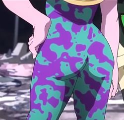  1girl ashido_mina ass ass_focus bodysuit boku_no_hero_academia colored_skin hand_on_own_hip pink_skin screencap solo thighs vest  rating:Sensitive score:69 user:JustHere4Butts