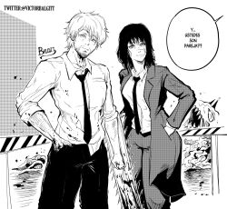  1boy 1girl aged_up black_hair black_necktie black_pants breasts business_suit chainsaw chainsaw_man collared_shirt commentary couple cross_scar denji_(chainsaw_man) facial_hair facial_scar formal hair_between_eyes highres long_hair looking_at_viewer medium_breasts necktie pants scar scar_on_cheek scar_on_face shirt shirt_tucked_in short_hair smile spanish_commentary spanish_text stubble suit translated victorbalgitt white_shirt yoru_(chainsaw_man)  rating:General score:16 user:danbooru