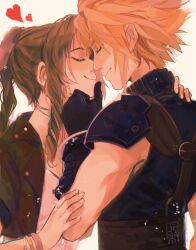  1boy 1girl aerith_gainsborough armor artist_logo black_gloves blonde_hair blue_eyes blush braid braided_ponytail brown_hair closed_eyes closed_mouth cloud_strife couple curly_sidelocks dress earrings final_fantasy final_fantasy_vii final_fantasy_vii_remake from_side gloves hand_on_another&#039;s_arm hand_on_another&#039;s_chin hand_on_another&#039;s_shoulder heart hetero jacket jena_(mintycolors) jewelry long_hair noses_touching pauldrons pink_dress red_jacket short_hair shoulder_armor simple_background sleeveless sleeveless_sweater smile spiked_hair stud_earrings sweater thumb_to_mouth turtleneck turtleneck_sweater watermark white_background 