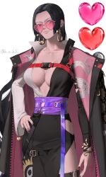  1girl absurdres adapted_costume alternate_costume belt black_coat black_hair blue_eyes boa_hancock breasts cleavage closed_mouth clothing_cutout coat collarbone commentary dress earrings hand_on_own_hip heart heart-shaped_eyewear heart_cutout heart_print highres jewelry jolly_roger ksuke_(k-taro31) kuja_pirates_jolly_roger large_breasts lips long_hair long_sleeves looking_to_the_side one_piece one_piece:_stampede open_clothes purple_belt red_nails simple_background snake_earrings snake_print solo symbol-only_commentary thigh_belt thigh_strap twitter_username two-tone_dress very_long_hair white_background zipper 