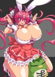  1girl ahoge breasts buck_teeth cleavage curvy dice_hair_ornament dress eyelashes eyes_visible_through_hair frills great_magami hair_ornament hair_ribbon heart heels high_heels highres huge_breasts long_hair open_mouth pink_hair puffy_short_sleeves puffy_sleeves rabbit_ears red_eyes ribbon shiny_skin short_sleeves smile solo teeth thick_thighs thighhighs thighs twintails usada_hikaru white_wrist_cuffs wrist_cuffs zettai_ryouiki  rating:Sensitive score:18 user:HellItself