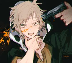 1boy black_jacket blonde_hair brown_eyes brown_shirt gun half-closed_eyes hand_on_own_neck holding holding_gun holding_weapon hood hood_up hooded_jacket jacket jitome kagerou_project kano_shuuya looking_at_viewer male_focus open_mouth pointing pointing_at_self sapphire_(nine) shirt solo tongue tongue_out weapon yellow_blood