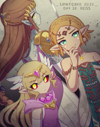  3girls absurdres armor back blonde_hair braid brown_hair circlet closed_mouth crown_braid dress earrings elbow_gloves enni evil_eyes evil_smile facial_tattoo gloves gold_armor green_dress green_eyes hand_up highres jewelry looking_at_viewer magatama magatama_necklace multicolored_clothes multicolored_dress multiple_girls neck_tattoo necklace nintendo pink_dress pointy_ears princess_zelda puppet_zelda purple_dress shadow short_hair shoulder_pads sleeveless sleeveless_dress smile strapless strapless_dress tattoo teardrop teardrop_facial_mark the_legend_of_zelda the_legend_of_zelda:_spirit_tracks the_legend_of_zelda:_tears_of_the_kingdom the_legend_of_zelda:_twilight_princess tiara toon_zelda white_dress white_gloves yellow_eyes 
