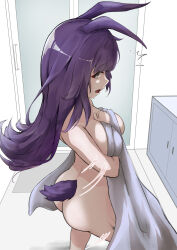  1girl absurdres animal_ears arknights ass breasts covering_breasts covering_privates grey_eyes highres holding holding_towel large_breasts long_hair material_growth naked_towel nude open_mouth oripathy_lesion_(arknights) purple_hair rabbit_ears rabbit_girl rabbit_tail rope_(arknights) solo tail terebi- towel white_towel 
